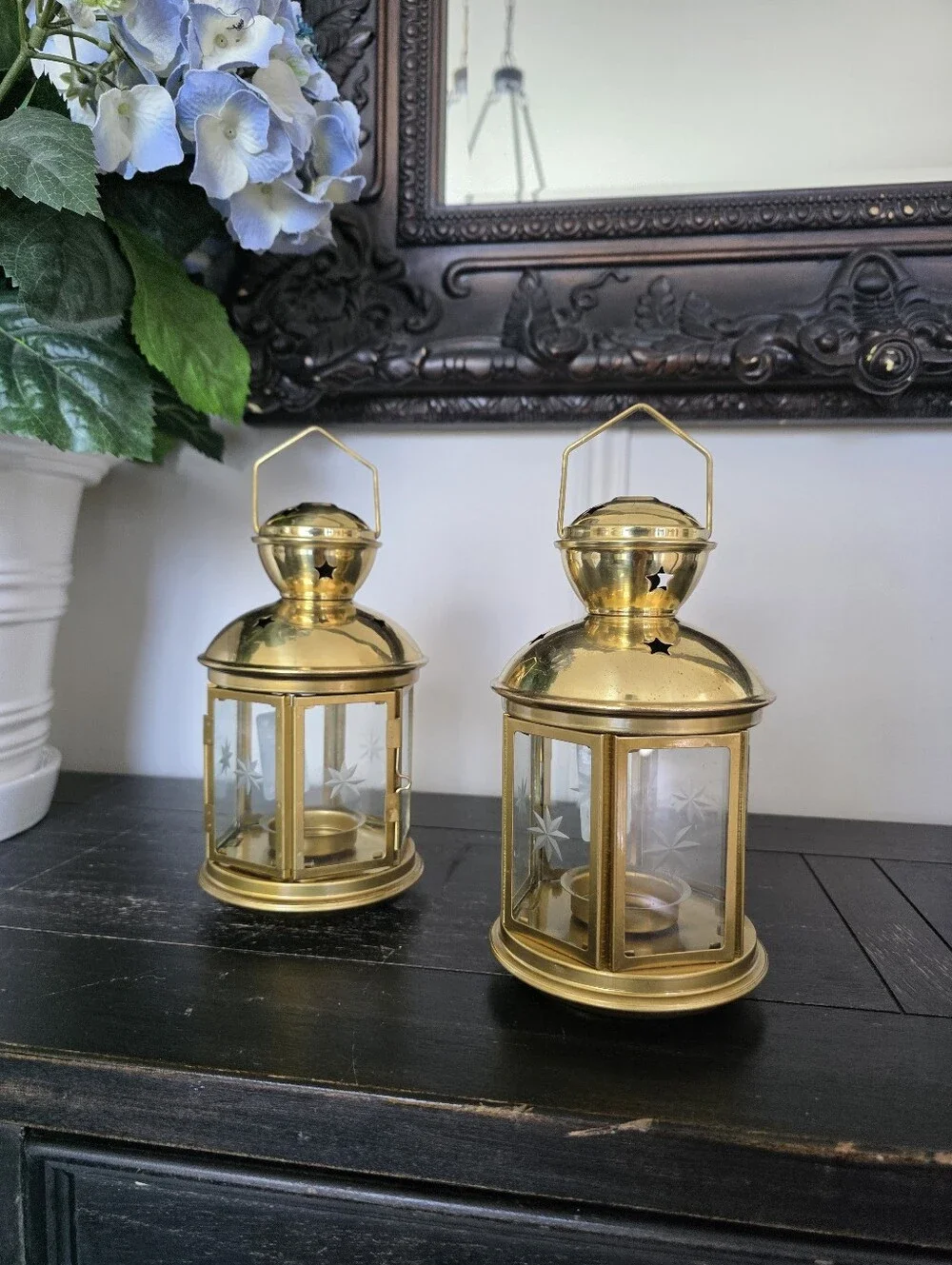 Vtg 1999 Y2K IKEA Brass Tone Starburst Candle Hokder Lantern Set Of 2